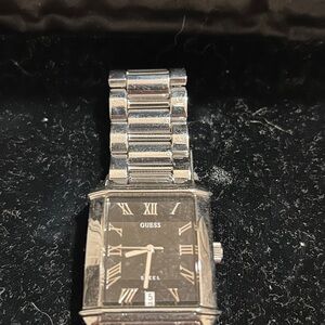 Guess Silver Rectangular Watch with Black Face